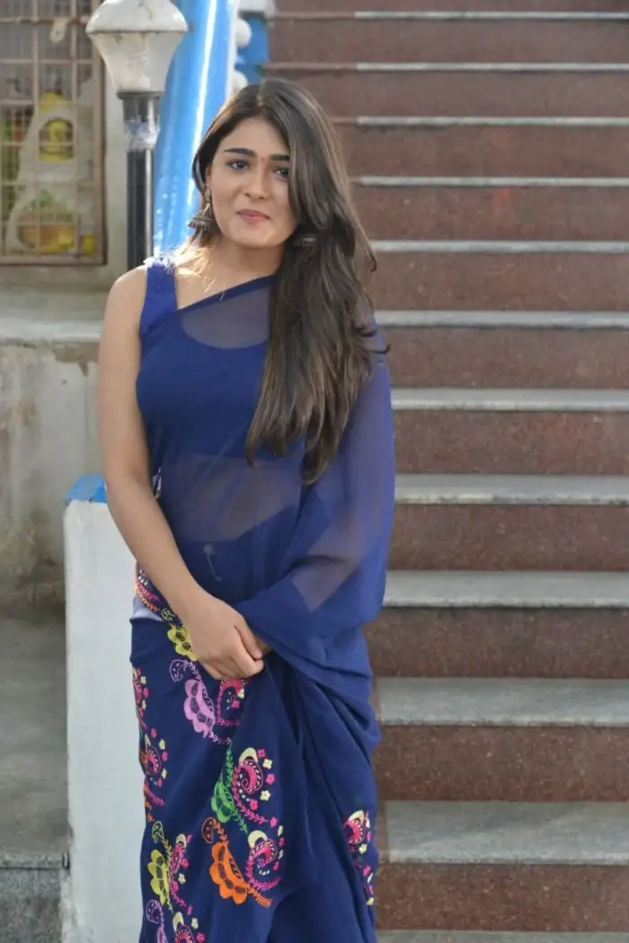 Indian Actress Shalini Pandey In Blue Saree At Telugu Movie Opening